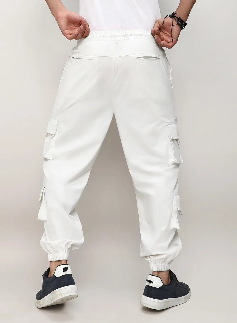 CAHOOT  Men's Egg White Cuffed Hem Cargo Trousers For Casual Wear | 8 Pockets | Relaxed Fit | Button Closure | Cargo Pants Crafted With Comfort Fit For Everyday Wear for Men | Best Price UAE